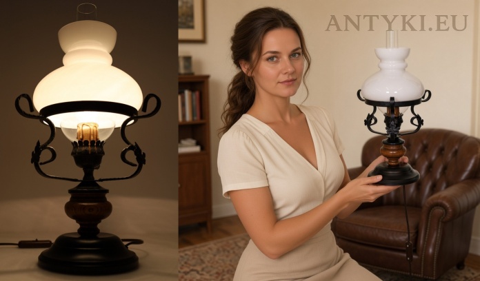 lampka retro w stylu lampy naftowej trzymana przez kobietę na tle domowego wnętrza